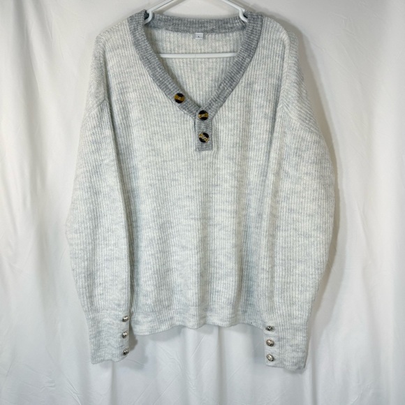 Unbranded Woman’s Soft Half Button Up White & Gray Sweater — Size Large - Picture 1 of 10